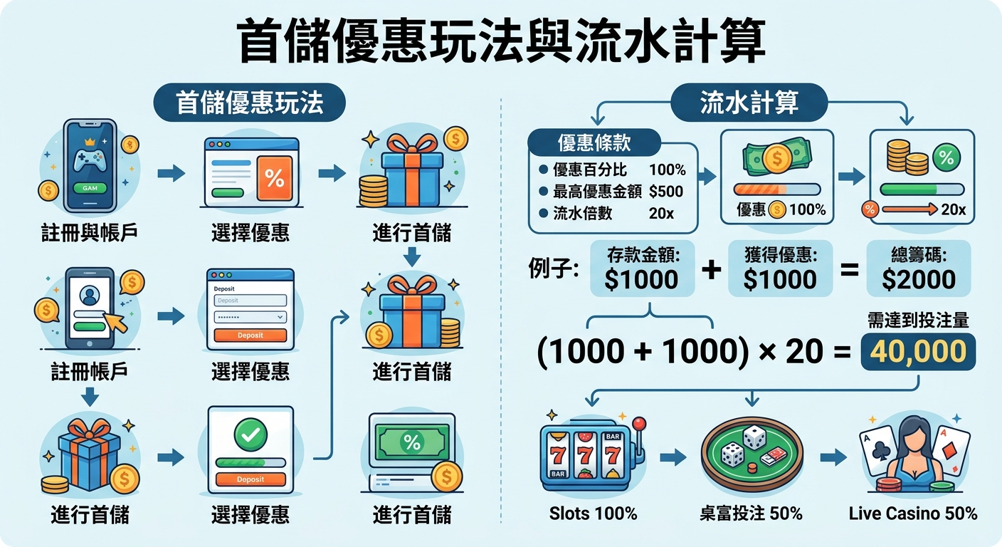 這張圖解說明的圖片,頂部以大字標題顯示「首儲優惠玩法與流水計算」。 畫面分為左右兩區,左側透過流程圖展示首儲與優惠選擇步驟,右側則以公式與數據詳細解析投注流水的計算方式。